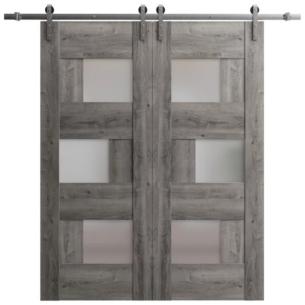 Sturdy Double Barn Door with Frosted Glass | Sete 6933 Nebraska Grey | 13FT Rail Hangers Heavy Set | Solid Panel Interior Doors-36" x 80" (2* 18x80)