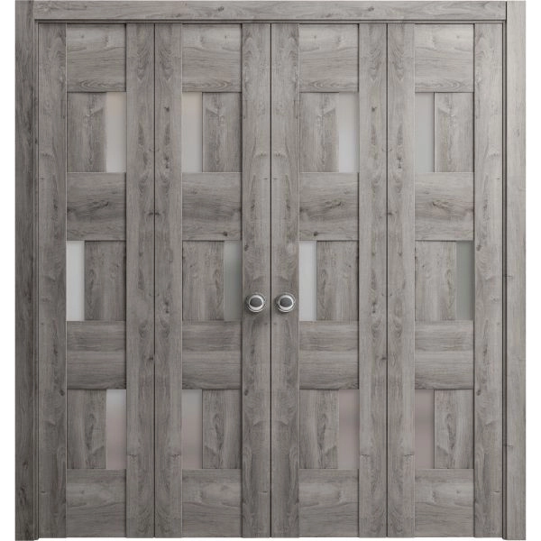 Sliding Closet Double Bi-fold Doors | Sete 6933 Nebraska Grey with Frosted Glass | Sturdy Tracks Moldings Trims Hardware Set | Wood Solid Bedroom Wardrobe Doors 