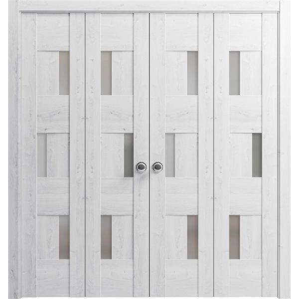 Sliding Closet Double Bi-fold Doors | Sete 6933 Nordic White with Frosted Glass | Sturdy Tracks Moldings Trims Hardware Set | Wood Solid Bedroom Wardrobe Doors 