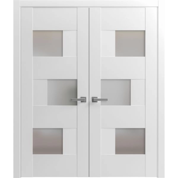 Solid French Double Doors Opaque Glass / Sete 6933 White Silk / Wood Solid Panel Frame / Closet Bedroom Modern Doors -36" x 80"