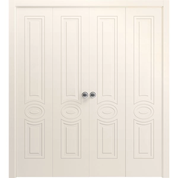 Sliding Closet Double Bi-fold Doors 72 x 80 inches | Mela 7001 Painted Creamy | Sturdy Tracks Moldings Trims Hardware Set | Wood Solid Bedroom Wardrobe Doors