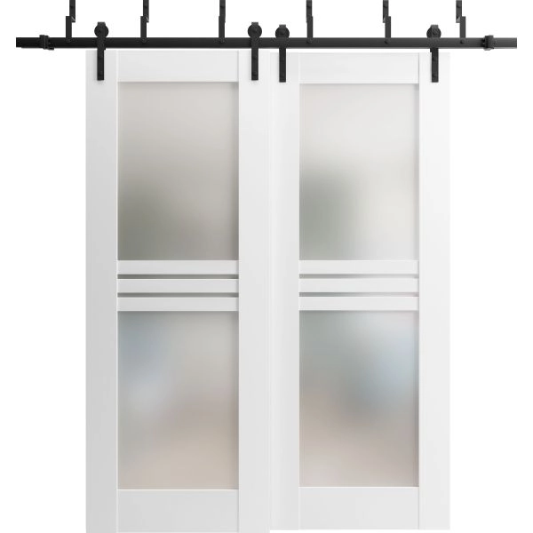 Sliding Closet Opaque Glass 4 Lites Barn Bypass Doors 36 x 80 inches / Mela 7222 White Silk / Modern 6.6ft Rails Hardware Set / Wood Solid Bedroom Wardrobe Doors 
