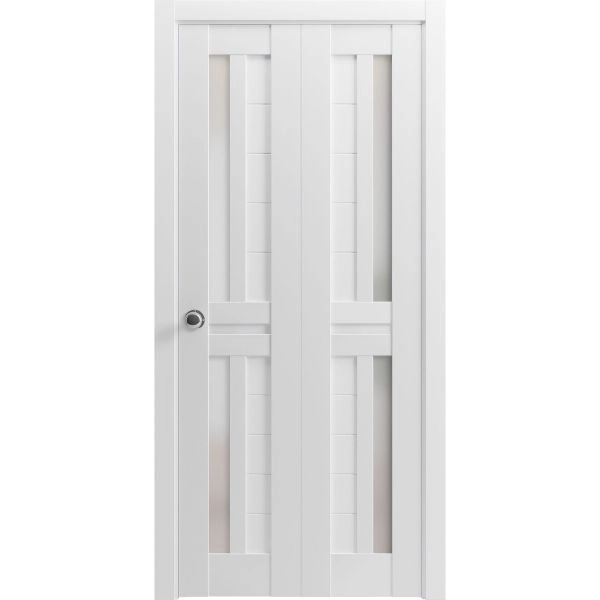 Sliding Closet Bi-fold Doors | Veregio 7288 White Silk with Frosted Glass | Sturdy Tracks Moldings Trims Hardware Set | Wood Solid Bedroom Wardrobe Doors 