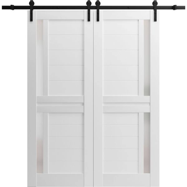 Sturdy Double Barn Door | Veregio 7288 White Silk with Frosted Glass | 13FT Rail Hangers Heavy Set | Solid Panel Interior Doors