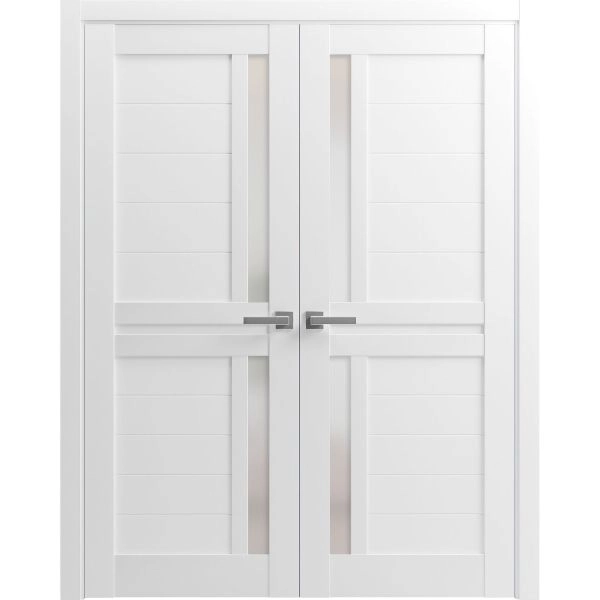 Interior Solid French Double Doors | Veregio 7288 White Silk with Frosted Glass | Wood Solid Panel Frame Trims | Closet Bedroom Sturdy Doors 