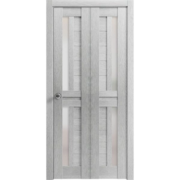 Sliding Closet Bi-fold Doors | Veregio 7288 Light Grey Oak with Frosted Glass | Sturdy Tracks Moldings Trims Hardware Set | Wood Solid Bedroom Wardrobe Doors