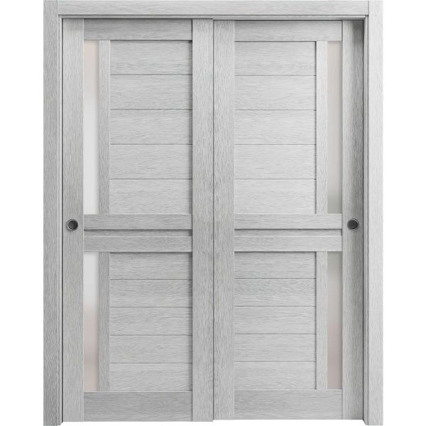 Sliding Closet Bypass Doors | Veregio 7288 Light Grey Oak with Frosted Glass | Sturdy Rails Moldings Trims Hardware Set | Wood Solid Bedroom Wardrobe Doors