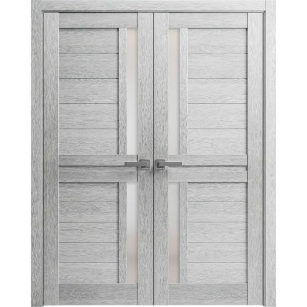 Interior Solid French Double Doors | Veregio 7288 Light Grey Oak with Frosted Glass | Wood Solid Panel Frame Trims | Closet Bedroom Sturdy Doors