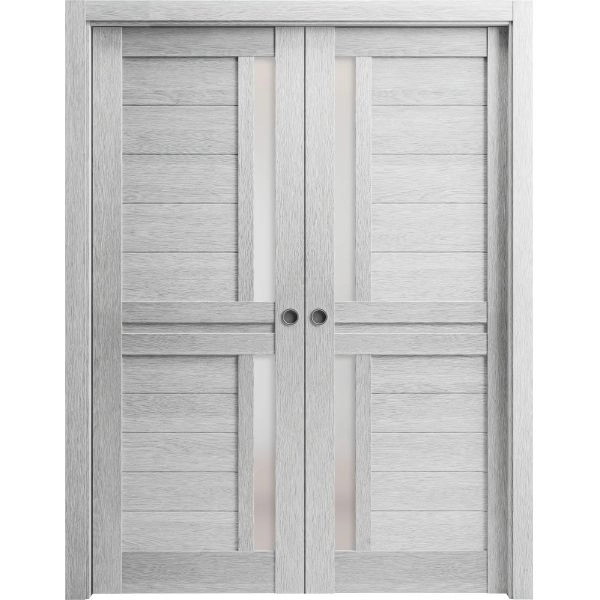 Sliding French Double Pocket Doors | Veregio 7288 Light Grey Oak with Frosted Glass | Kit Trims Rail Hardware | Solid Wood Interior Bedroom Sturdy Doors
