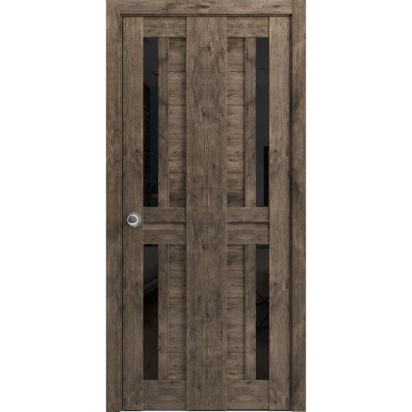Sliding Closet Bi-fold Doors | Veregio 7588 Cognac Oak with Black Glass | Sturdy Tracks Moldings Trims Hardware Set | Wood Solid Bedroom Wardrobe Doors
