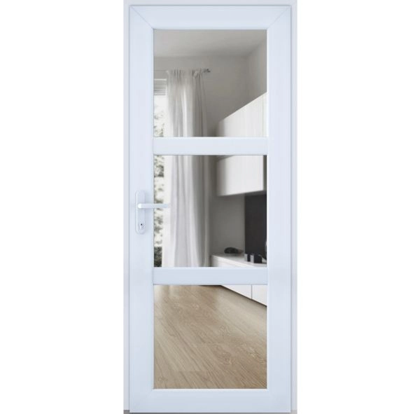 Front Exterior Prehung FiberGlass Door Clear Glass See-through / Manux 8555 White Silk Clear Glass / Office Commercial and Residential Doors Entrance Patio Garage-W36" x H80"-Right-hand Inswing