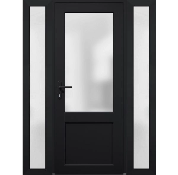 Front Exterior Prehung FiberGlass Door Frosted Glass / Manux 8422 Matte Black / 2 Sidelight Exterior Windows / Office Commercial and Residential Doors Entrance Patio Garage-W12+36+12" x H80"-Right-hand Inswing