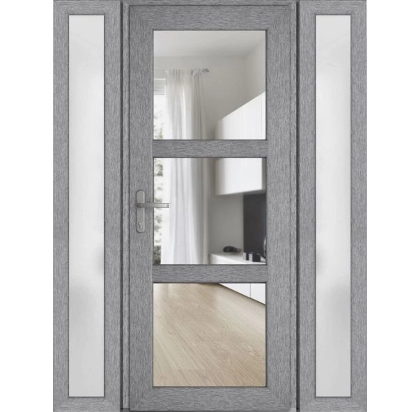 Front Exterior Prehung FiberGlass Door Clear Glass See-through / Manux 8555 Grey Ash Clear Glass / 2 Sidelight Exterior Windows / Office Commercial and Residential Doors Entrance Patio Garage-W12+36+12" x H80"-Right-hand Inswing