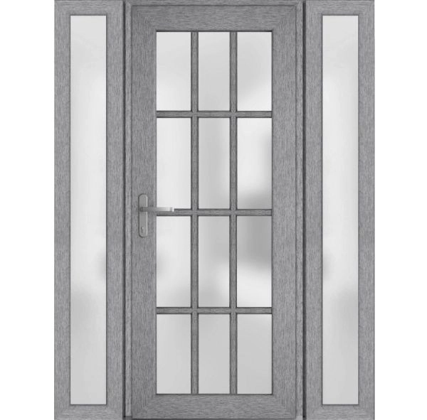 Front Exterior Prehung FiberGlass Door Frosted Glass / Manux 8312 Grey Ash / 2 Sidelight Exterior Windows / Office Commercial and Residential Doors Entrance Patio Garage-W12+36+12" x H80"-Right-hand Inswing