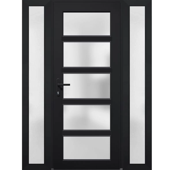 Front Exterior Prehung FiberGlass Door Frosted Glass / Manux 8002 Matte Black / 2 Sidelight Exterior Windows / Office Commercial and Residential Doors Entrance Patio Garage-W12+36+12" x H80"-Right-hand Inswing