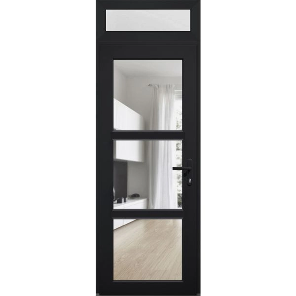 Front Exterior Prehung FiberGlass Door Clear Glass See-through / Manux 8555 Matte Black Clear Glass / Transom Window / Office Commercial and Residential Doors Entrance Patio Garage-W36" x H80+14"-Right-hand Inswing