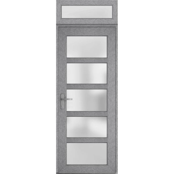 Front Exterior Prehung FiberGlass Door Frosted Glass / Manux 8002 Grey Ash / Transom Window / Office Commercial and Residential Doors Entrance Patio Garage-W36" x H80+14"-Right-hand Inswing