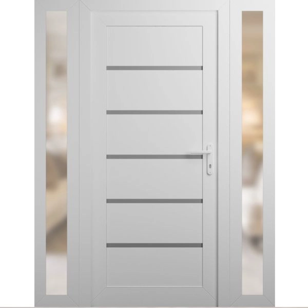 Front Exterior Prehung Metal-Plastic Door | Manux 8415 White Silk | 2 Side Sidelite Transoms | Office Commercial and Residential Doors Entrance Patio Garage 56" x 80" (W12+32+12" x H80") Left hand Inswing
