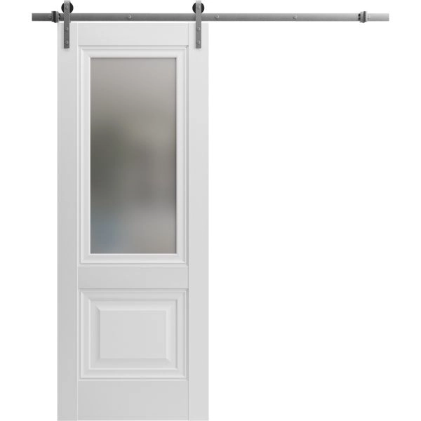 Sturdy Barn Door | Lucia 8822 White Silk with Frosted Glass | Silver 6.6FT Rail Hangers Heavy Hardware Set | Solid Panel Interior Doors