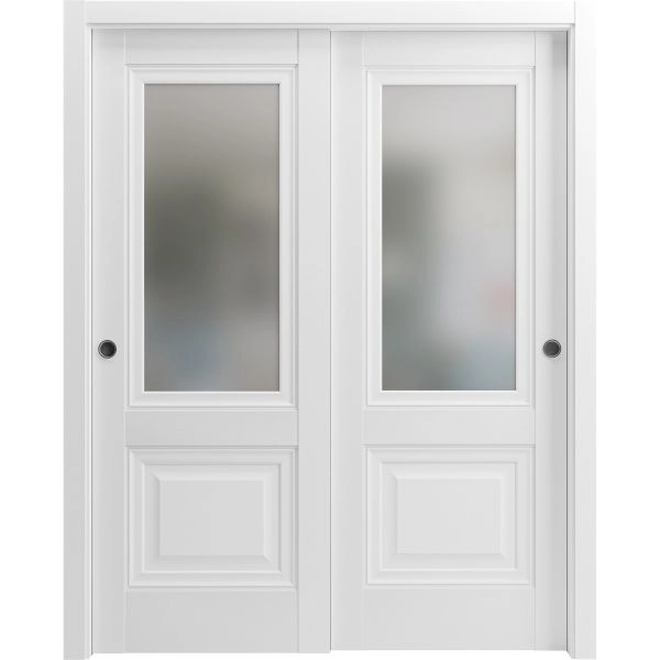Sliding Closet Bypass Doors | Lucia 8822 White Silk with Frosted Glass | Sturdy Rails Moldings Trims Hardware Set | Wood Solid Bedroom Wardrobe Doors