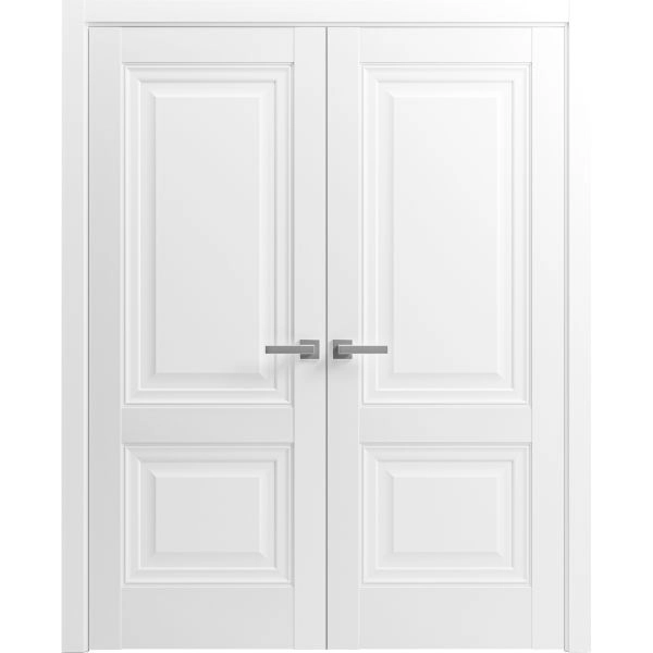 French Double Panel Lite Doors with Hardware | Lucia 8831 White Silk| Panel Frame Trims | Bathroom Bedroom Interior Sturdy Door