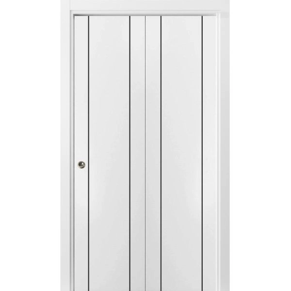 Sliding Closet Bi-fold Doors | Planum 0017 White Silk and Aluminum Strips | Sturdy Tracks Moldings Trims Hardware Set | Wood Solid Bedroom Wardrobe Doors