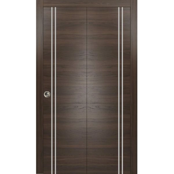 Sliding Closet Bi-fold Doors | Planum 0310 Chocolate Ash and Aluminum Strips | Sturdy Tracks Moldings Trims Hardware Set | Wood Solid Bedroom Wardrobe Doors