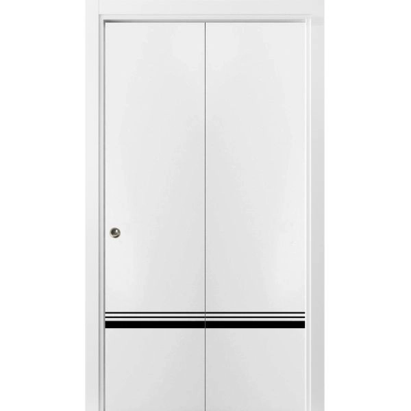 Sliding Closet Bi-fold Doors | Planum 0012 White Silk and Aluminum Strips | Sturdy Tracks Moldings Trims Hardware Set | Wood Solid Bedroom Wardrobe Doors