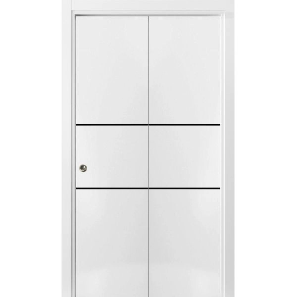 Sliding Closet Bi-fold Doors | Planum 0014 White Silk and Aluminum Strips | Sturdy Tracks Moldings Trims Hardware Set | Wood Solid Bedroom Wardrobe Doors