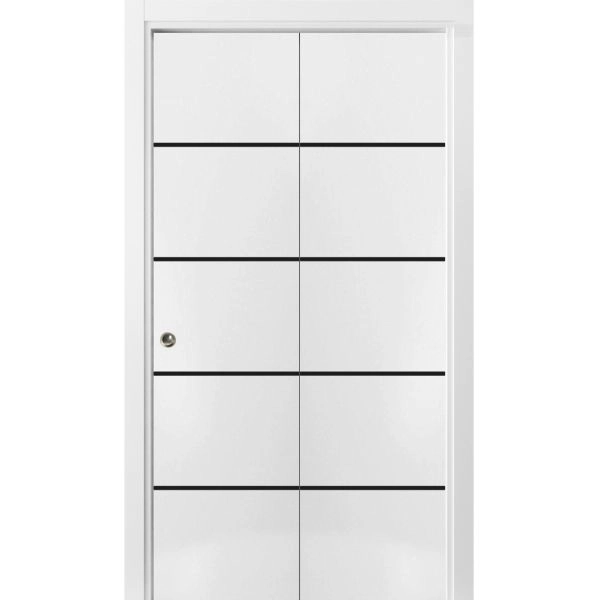 Sliding Closet Bi-fold Doors | Planum 0015 White Silk and Aluminum Strips | Sturdy Tracks Moldings Trims Hardware Set | Wood Solid Bedroom Wardrobe Doors