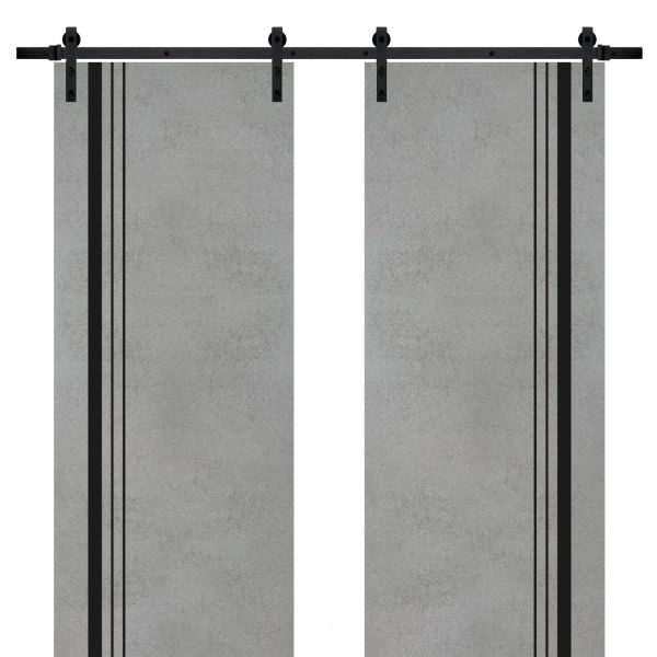 Sliding Double Barn Doors with Hardware | Planum 0011 Concrete and Aluminum Strips | 13FT Rail Hangers Sturdy Set | Modern Solid Panel Interior Hall Bedroom Bathroom Door