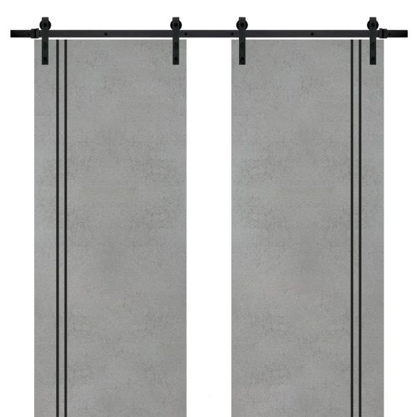 Sliding Double Barn Doors with Hardware | Planum 0016 Concrete and Aluminum Strips | 13FT Rail Hangers Sturdy Set | Modern Solid Panel Interior Hall Bedroom Bathroom Door