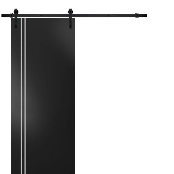 Sturdy Barn Door with Hardware | Planum 0310 Black Matte and Aluminum Strips | 6.6FT Rail Hangers Heavy Set | Modern Solid Panel Interior Doors