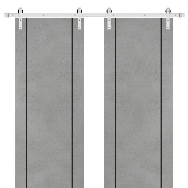 Sliding Double Barn Doors with Hardware | Planum 0017 Concrete and Aluminum Strips | 13FT Rail Hangers Sturdy Set | Modern Solid Panel Interior Hall Bedroom Bathroom Door-36" x 80" (2* 18x80)