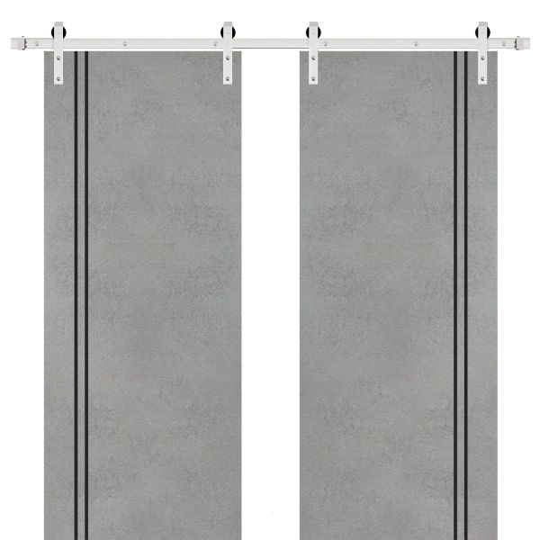 Sliding Double Barn Doors with Hardware | Planum 0016 Concrete and Aluminum Strips | Silver 13FT Rail Hangers Sturdy Set | Modern Solid Panel Interior Hall Bedroom Bathroom Door