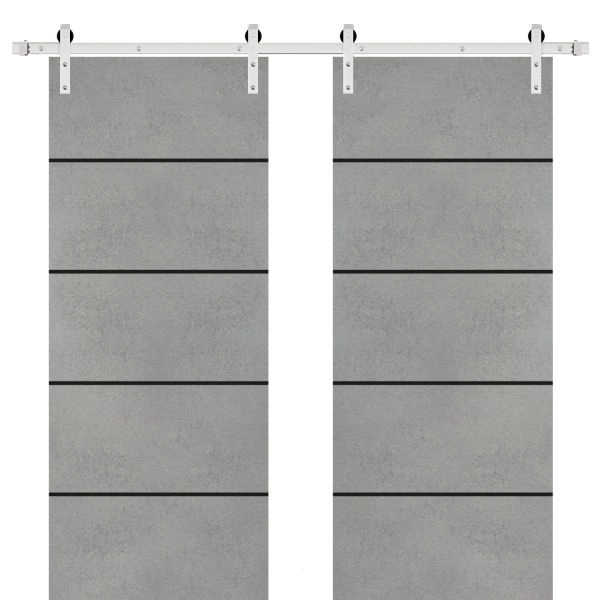 Sliding Double Barn Doors with Hardware | Planum 0015 Concrete and Aluminum Strips | Silver 13FT Rail Hangers Sturdy Set | Modern Solid Panel Interior Hall Bedroom Bathroom Door
