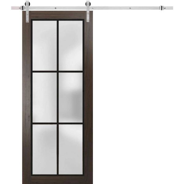 Sturdy Barn Door | Planum 2122 Chocolate Ash with Frosted Glass and Aluminum Strips | 6.6FT Silver Rail Hangers Heavy Hardware Set | Modern Solid Panel Interior Doors