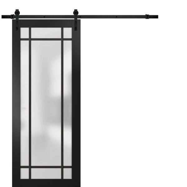 Sturdy Barn Door Frosted Tempered Glass | Planum 2112 Matte Black with Frosted Glass and Aluminum Strips | 6.6FT Black Rail Hangers Heavy Hardware Set | Modern Solid Panel Interior Doors