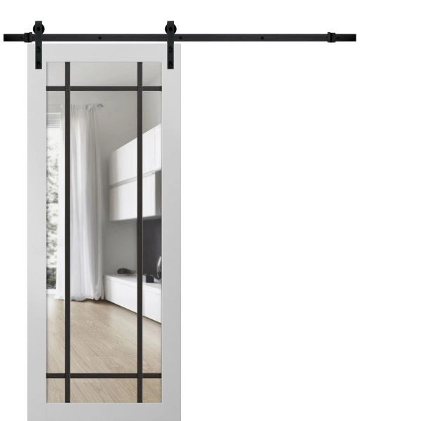 Sturdy Barn Door | Lucia 2266 White Silk with Clear Glass and Aluminum Strips | 6.6FT Black Rail Hangers Heavy Hardware Set | Modern Solid Panel Interior Doors