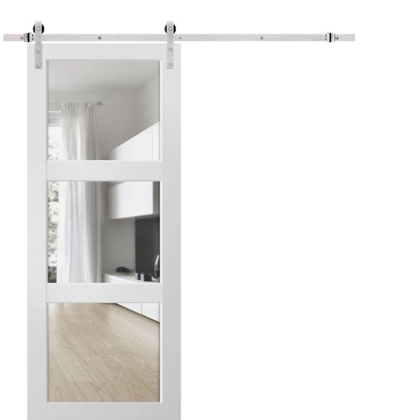 Sturdy Barn Door 3 Lites with Hardware | Lucia 2555 White Silk with Clear Glass | 6.6FT Rail Hangers Heavy Set | Solid Panel Interior Doors