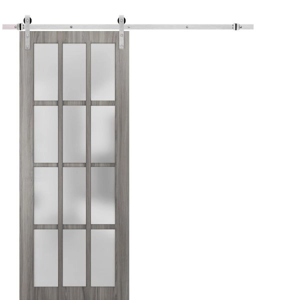 Sturdy Barn Door 12 Lites | Felicia 3312 Ginger Ash with Frosted Glass | 6.6FT Silver Rail Hangers Heavy Hardware Set | Solid Panel Interior Doors