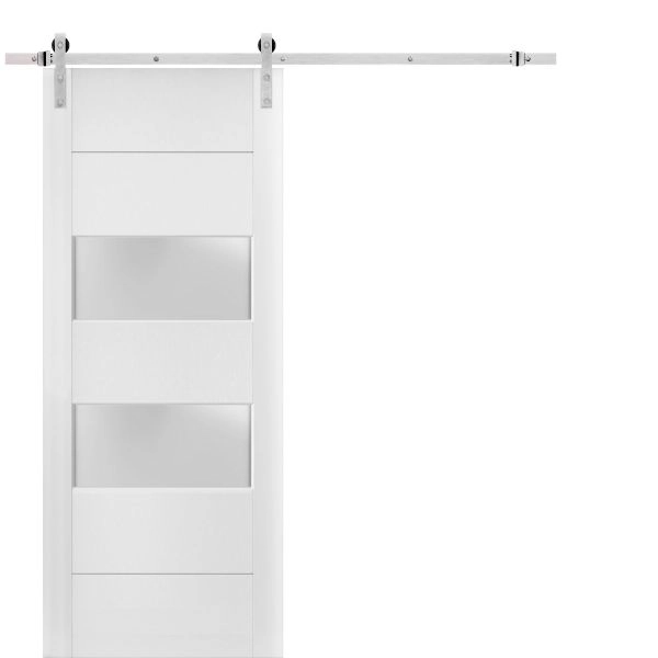 Sturdy Barn Door 2 lites with Hardware | Lucia 4010 White Silk with Frosted Glass | 6.6FT Rail Hangers Heavy Set | Solid Panel Interior Doors