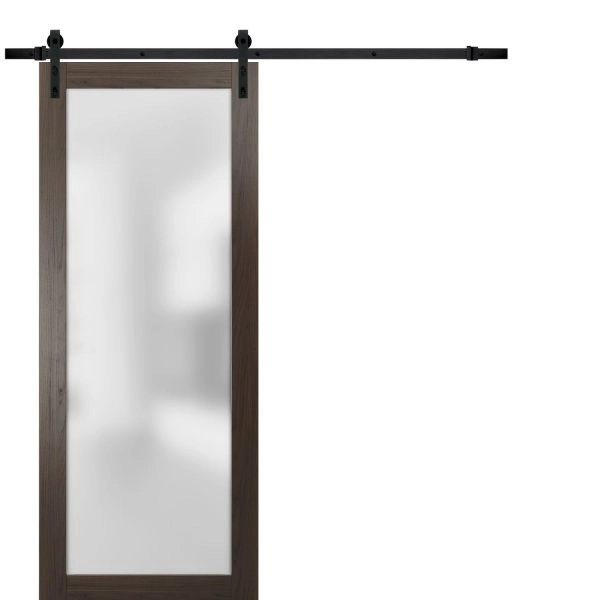 Sturdy Barn Door Frosted Tempered Glass | Planum 2102 Chocolate Ash with Frosted Glass | 6.6FT Black Rail Hangers Heavy Hardware Set | Modern Solid Panel Interior Doors