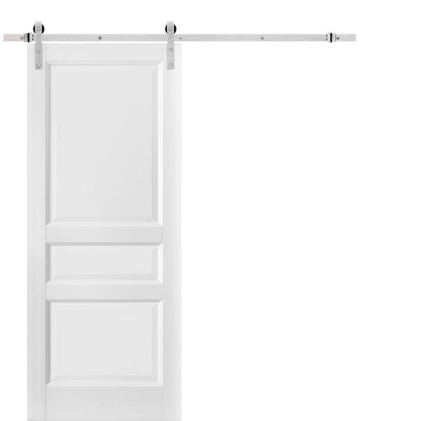 Sliding Barn Door with Stainless Steel 6.6ft Hardware | Lucia 31 White Silk | Rail Hangers Sturdy Silver Set | 3 Paneled Shaker Wooden Solid Panel Interior Doors