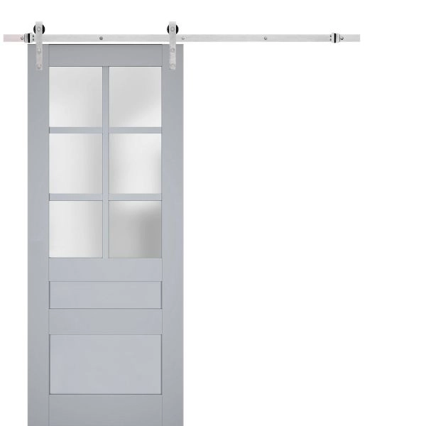 Sturdy Barn Door | Veregio 7339 Matte Grey with Frosted Glass | 6.6FT Silver Rail Hangers Heavy Hardware Set | Solid Panel Interior Doors