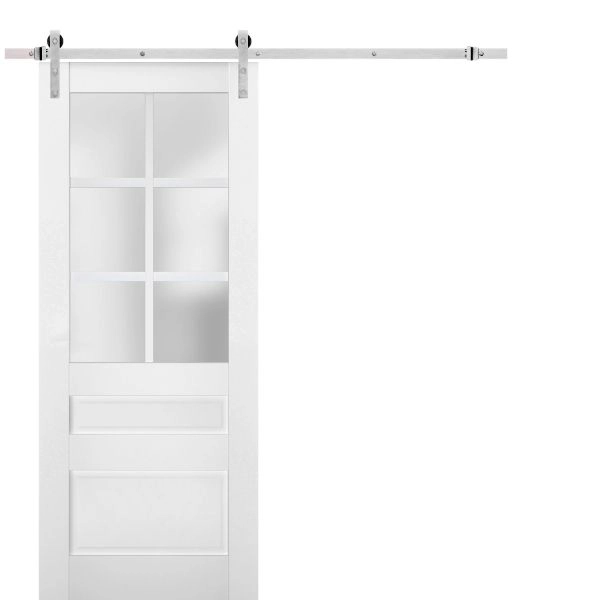 Sturdy Barn Door | Veregio 7339 White Silk with Frosted Glass | 6.6FT Silver Rail Hangers Heavy Hardware Set | Solid Panel Interior Doors