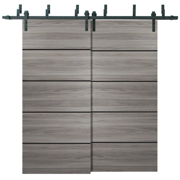 Sliding Closet Barn Bypass Doors | Planum 0015 Ginger Ash and Aluminum Strips | Sturdy Top Mount 6.6ft Rails Hardware Set | Wood Solid Bedroom Wardrobe Doors