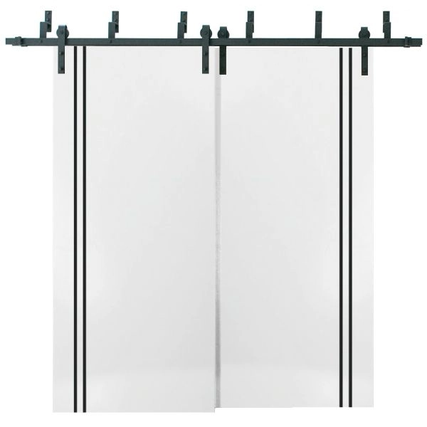 Sliding Closet Barn Bypass Doors | Planum 0016 White Silk and Aluminum Strips | Sturdy Top Mount 6.6ft Rails Hardware Set | Wood Solid Bedroom Wardrobe Doors