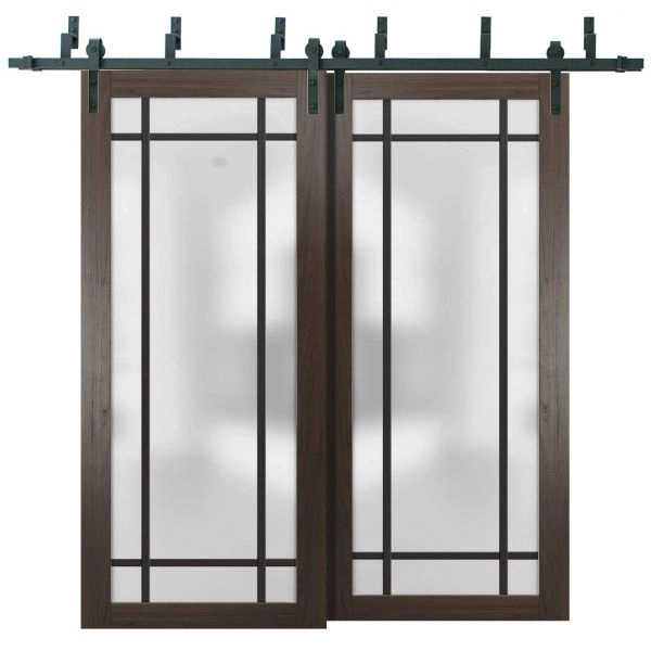 Sliding Closet Barn Bypass Doors with Hardware | Planum 2112 Chocolate Ash with Frosted Glass and Aluminum Strips | Sturdy 6.6ft Rails Hardware Set | Modern Wood Solid Bedroom Wardrobe Doors