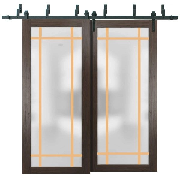 Sliding Closet Barn Bypass Doors with Hardware | Planum 2113 Chocolate Ash with Frosted Glass and Aluminum Strips | Sturdy 6.6ft Rails Hardware Set | Modern Wood Solid Bedroom Wardrobe Doors